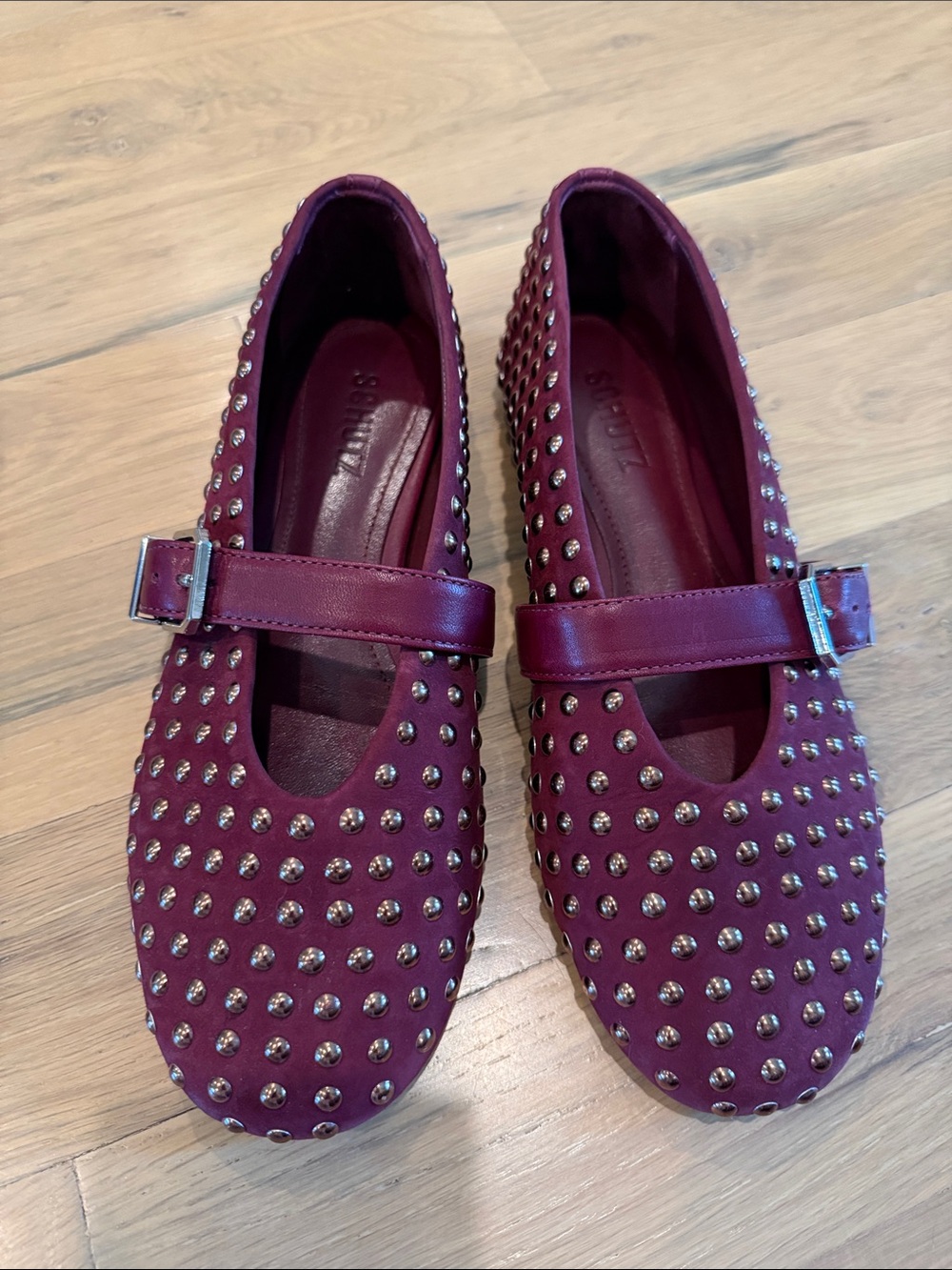 SCHUTZ Eiza Shine Vino Burgundy Studded Mary Jane Flats with Buckle - Picture 4 of 8